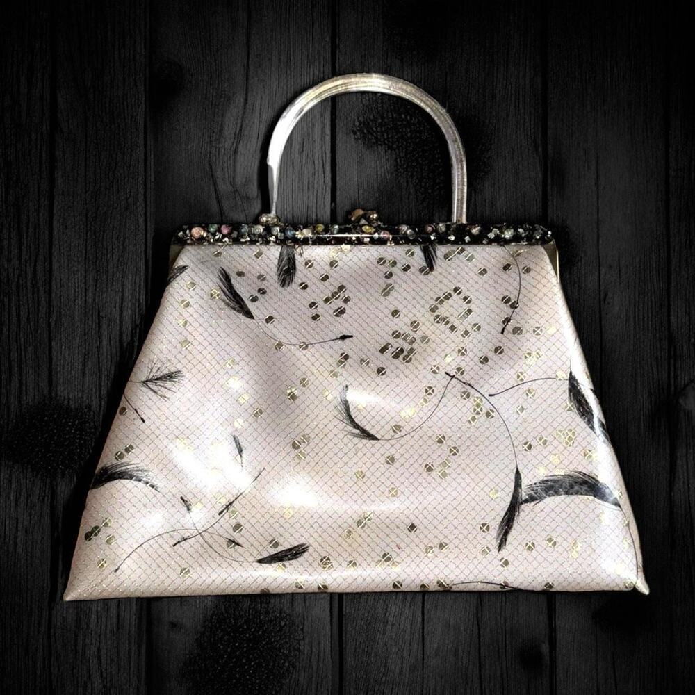60s retro glam sparkle plastic top handle purse sequins feathers lucite shells